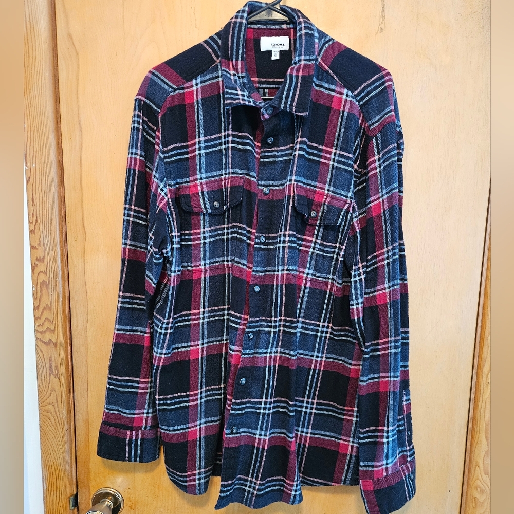 Sonoma Red,Blue, Black Plaid Button-Up Shirt